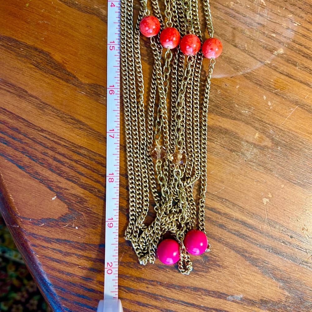 Fabulous Jules Multi Strand Layered Gold Tone Necklace Pink Coral Beads Boho NEW - Picture 3 of 6
